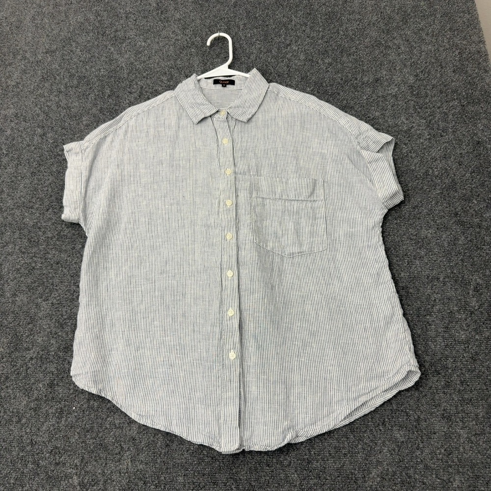 Quince Shirt Womens M Blue Linen Striped Short Sleeve Button Up Casual Classic